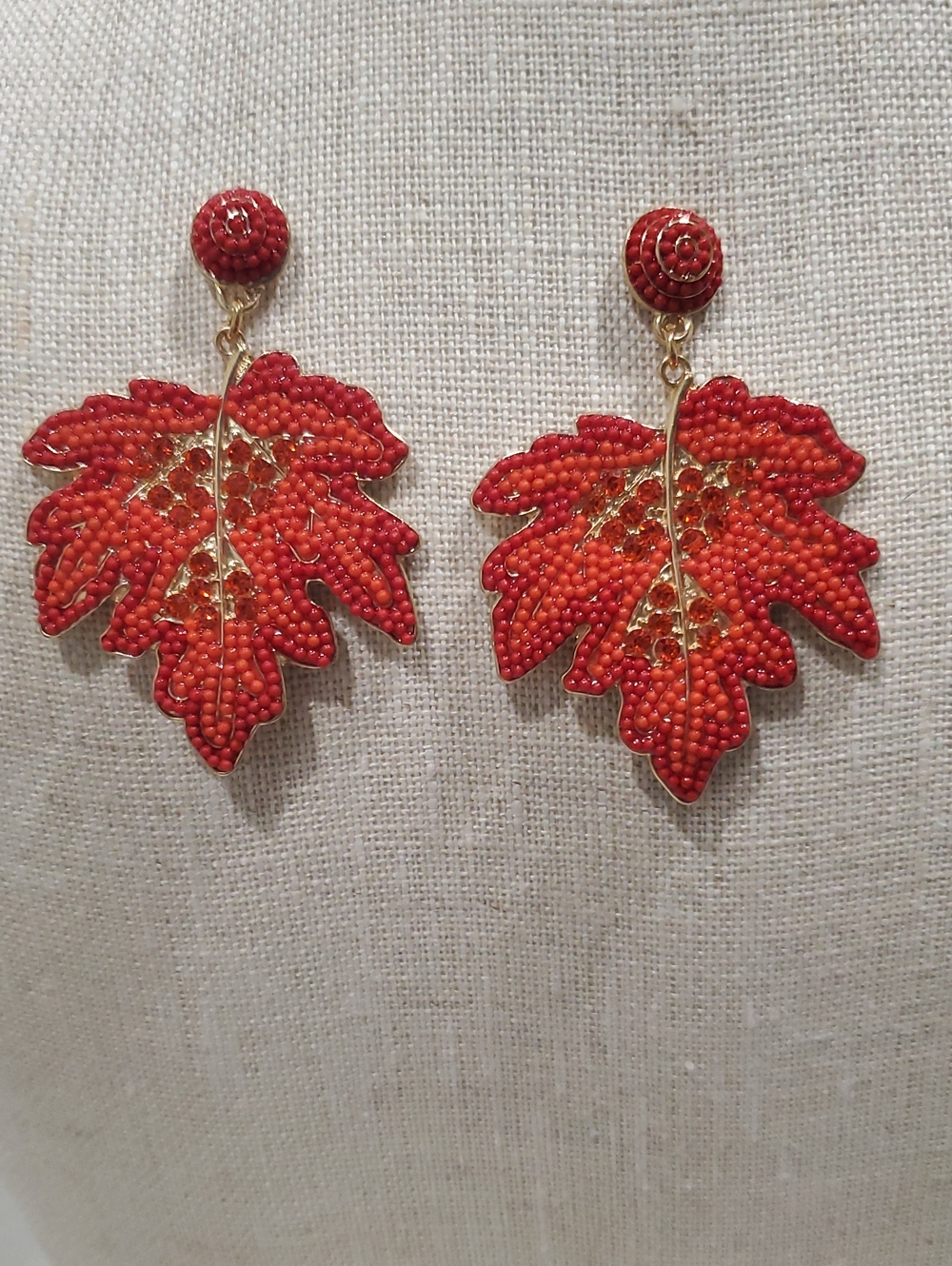 Red Beaded Leaf Drop Earrings - Unbranded